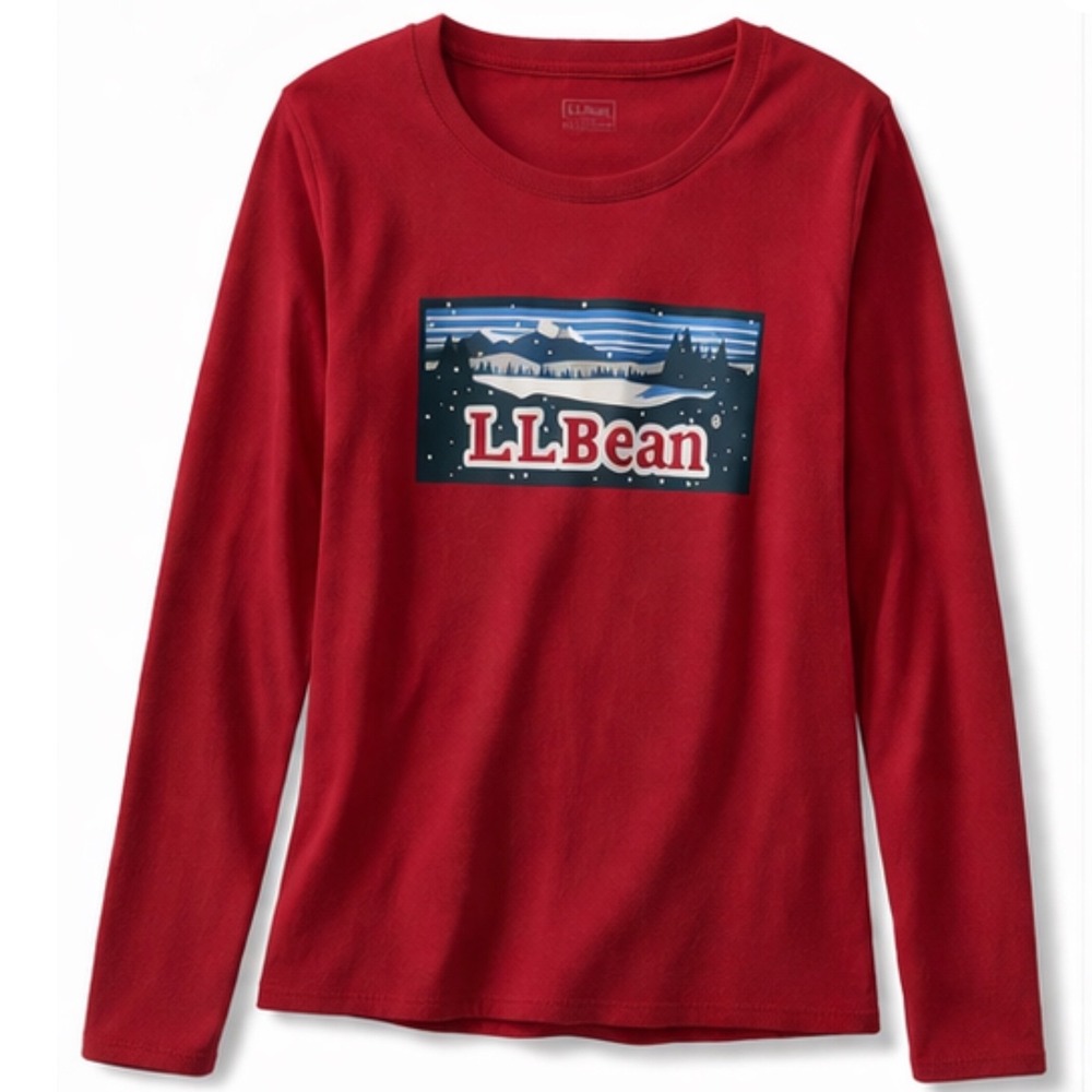 LL‎ Bean Womens Red Long Sleeve Graphic T-Shirt Mountain Logo Crew Neck Cotton